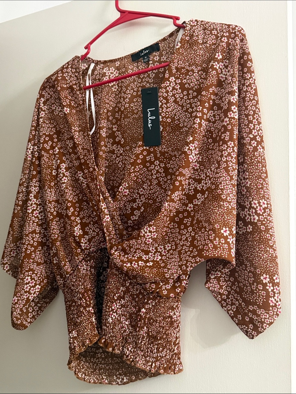 Lulu's Rust Brown Floral Wrap Blouse with Pink Accents
